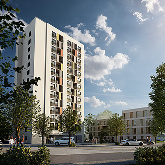 Zu sehen ist eine Visualisierung des Bauen im Bestand-Projektes Blaues Hochhaus in Cottbus