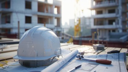 Weißer Bauhelm auf einem Tisch mit Bauplänen mit Ausblick auf eine Baustelle