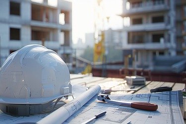 Bauhelm auf einem Tisch mit Werkzeug und Plänen, im Hintergrund zwei Gebäude im Bau
