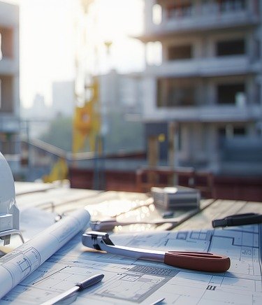 Bauhelm auf einem Tisch mit Werkzeug und Plänen, im Hintergrund zwei Gebäude im Bau