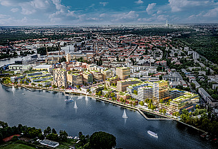 Zu sehen ist eine Visualisierung des kompletten Quartiers Behrens-Ufer in Berlin