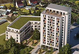 Zu sehen ist eine Visualisierung des Bauen im Bestand-Projektes Blaues Hochhaus in Cottbus