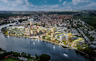 Zu sehen ist eine Visualisierung des kompletten Quartiers Behrens-Ufer in Berlin