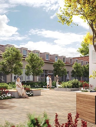 Visualisierung Seidelsche Höfe im Hinterhof mit Personen und Sitzmöglichkeiten