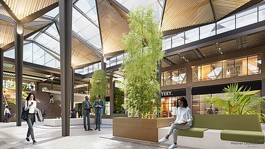 re:o Berlin Hallen Visualisierung mit Menschen und Grün