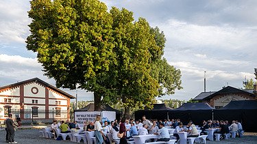 Außengelände des Innovation Days mit Sitzgelegenheiten im Grünen