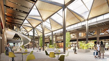 re:o Berlin Hallen Visualisierung mit Sitzmöglichkeiten