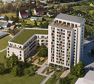 Zu sehen ist eine Visualisierung des Bauen im Bestand-Projektes Blaues Hochhaus in Cottbus