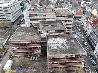 Zu sehen ist die Obenansicht des Bauen im Bestand-Projektes Zentralbibliothek Köln