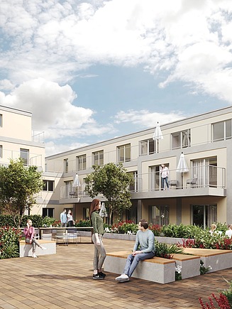 Visualisierung Seidelsche Höfe im Hinterhof mit Personen und Sitzmöglichkeiten