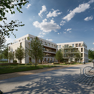 Zu sehen ist eine Visualisierung des Bauen im Bestand-Projektes Blaues Hochhaus in Cottbus